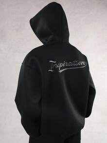 DAZY Men's Letter Embroidery Design Fleece Hoodie Set, Autumn/Winter - Black - View 3