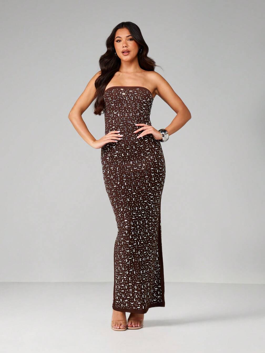 MISSGUIDED Women's Sequin Bandeau Strapless Bodycon Maxi Dress Sparkle Evening Party Formal Brown Floor Length Gown,S