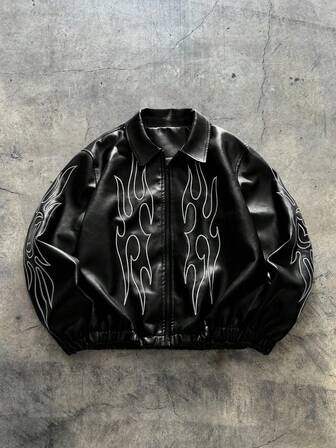 AXEPEAK Herren Herbst modische Streetwear Jacke mit Flammen Stickerei, Reißverschluss und Kunstleder Langarm