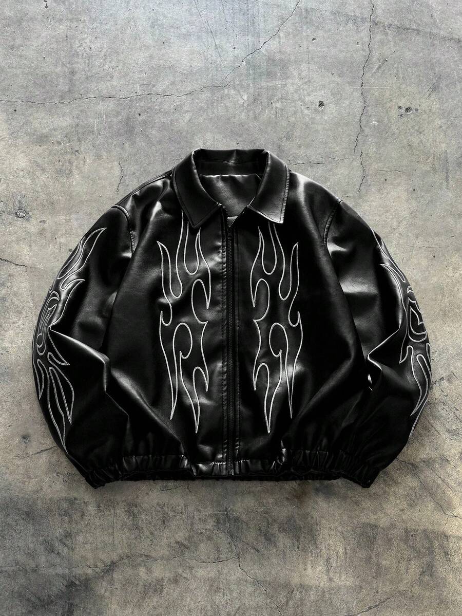 AXEPEAK Men's Autumn Fashionable Street Flame Embroidery Zip-Up PU Leather Long Sleeve Jacket - Black - View 1