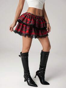 SHEIN ICON Women's Halloween Plaid Double-Layer Ruffle Lace Trim Mini Skirt - Multicolor - View 4