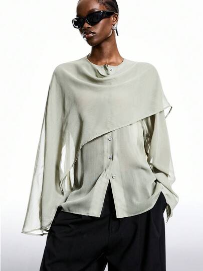 LYSMO Women's Elegant Commuter Solid Color Asymmetric Blouse