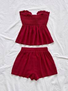 Soleia 女士条纹印花荷叶边下摆扭结前襟无袖露脐上衣和休闲短裤两件套，适合派对、海滩、海边穿着 - 紅色 - 查看 2