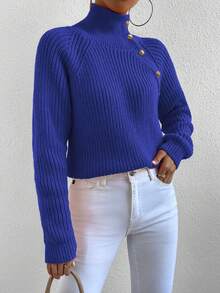 Elenzga Women's Casual Daily Button Decor Turtleneck Ribbed Knit Sweater, Autumn/Winter - Blue - View 3