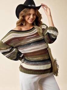 Boho Mama كنزة صوفية محبوكة مفتوحة مخططة باللون الأخضر المريمي للحوامل، كنزة علوية كاجوال للخريف، إجازة - متعدد الألوان - مشاهدة 6