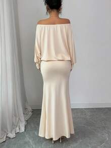Elenzga Đầm Maxi Dài Tay Hở Vai Dáng Rộng, Eo Thon, Viền Đuôi Cá, Màu Trơn, Thanh Lịch, Thời Trang, Thoải Mái, Quyến Rũ, Phong Cách Retro Tối Giản Cao Cấp Lãng Mạn Cho Nữ - Màu be - Xem 2
