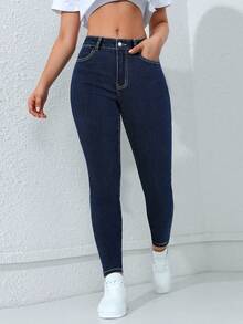 SHEIN PETITE Quần Jeans Denim Túi Ôm Vừa Vặn Thường Ngày Màu Trơn Cho Nữ - Rửa tối - Xem 6