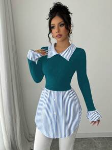 Elenzga Women's Striped Collared Long Sleeve Knit Patchwork Blouse - Multicolor - View 3