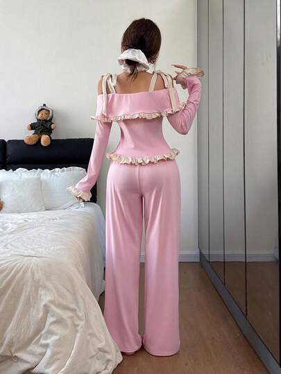 Dream Adore Roze Off Shoulder Camisole Sweet Women Pajama Set Ruffle Verleidelijke view 2