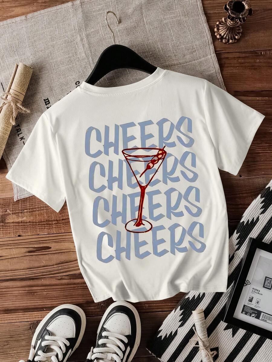 INAWLY Áo thun nữ Regular Casual Retro Cocktail Slogan, Áo tay ngắn đa năng - trắng - Xem 1