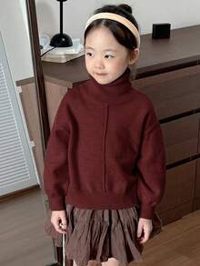 Dazy Kids 女童纯色高领毛衣，秋季 - 酒紅色 - 查看 4
