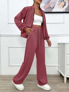 EURMUSE TWO PIECES TWO THREAD LIGHT GREY HOODIE SWEATSHIRT AND SWEATPANT WITH SPARKLE STONE DETAIL - Rusty Rose - View 4