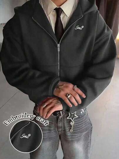 Manfinity Dauomo 男士休闲刺绣拉链连帽卫衣，长袖上衣