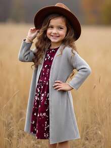 SHEIN Young Girl Solid Color Casual Long Cardigan Sweater - Grey - View 1