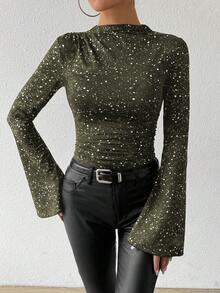 Chiquease Women's Autumn Long Sleeve Flared Cuff High Neck Metallic Silver Ruched Asymmetric T-Shirt Graphic Tees Women Tops For Spring - Army Green - View 3