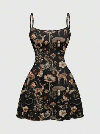 Fairycore Vestido mini estilo gótico misterioso y oscuro, con diseños de setas, ciervos, sol y luna, para mujer, en estilo Mori