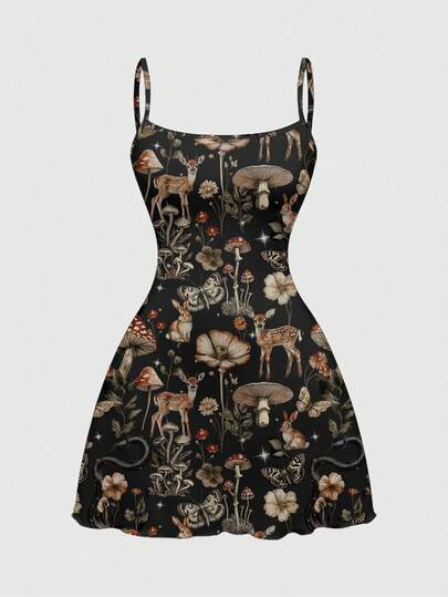 Fairycore فستان قصير غوثي سحري بطراز موري مزين بالفطر والغزلان والشمس والقمر للنساء