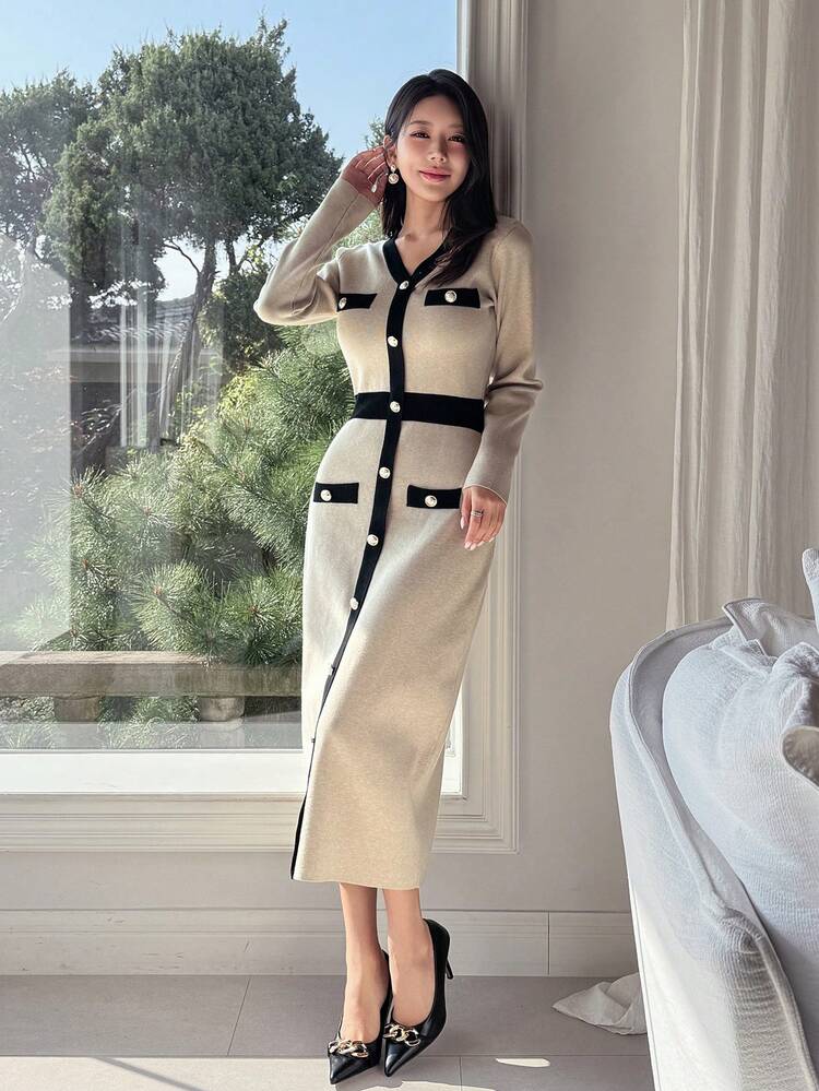 Women's Elegant Colorblock Faux Pocket Button Embellished Sweater Dress, Autumn/Winter