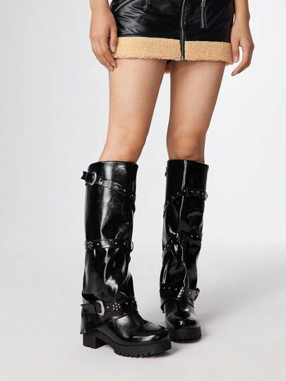 Women's Glossy Buckle Design Fashion Chunky Heel Knee-High Boots