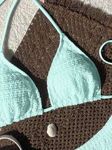 Swim Mod 2026 春夏女士细肩带露背特殊面料浅蓝色甜美度假侧高开叉比基尼两件套泳衣