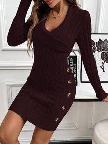 EMERY ROSE Váy len dài tay dệt kim cổ bẻ thoải mái - màu nâu - Xem 6