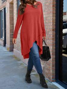 SHEIN Plus Size Solid Color Long Asymmetrical Hem Round Neck Long Sleeve T-Shirt Fall Cloth For Women - Red - View 6