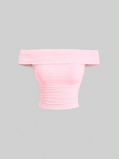 Sweetra Women's Summer Slim Fit Ruched Off Shoulder T-Shirt, Solid Color Y2K