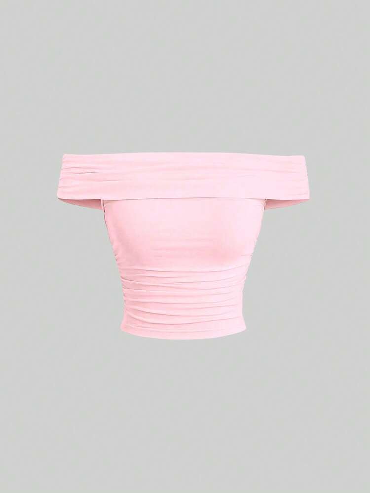 Sweetra Camiseta de mujer de ajuste ceñido con hombros descubiertos y plisados, unicolor Y2K - Rosa - Añade 1