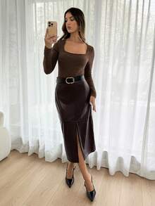 Siren Gaze 新款秋冬棕色抓绒修身连体衣，方领长袖优雅连体衣，适合夏季休闲穿着 - 棕色 - 查看 6