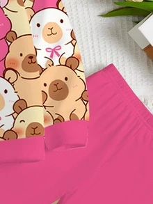 SHEIN Leap Crew 2pcs Tween Girls Cute Pink Autumn Back-To-School Outfit,Capybara Cartoon Animal Print Crew Neck Long Sleeve Sweatshirt And Leggings Set,School Clothes - Multicolor - View 6