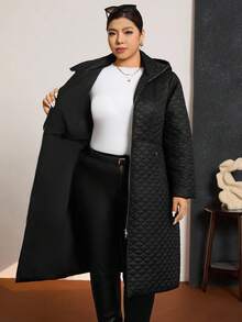 Zelara 大码女式纯色长袖拉链前长款休闲连帽冬季夹克 - 黑色 - 查看 15