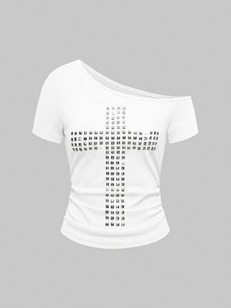 Grunge Punk T-shirt aderente monocromatica versatile con spalla obliqua, rivetti e dettagli punk stile Y2K/Kpop