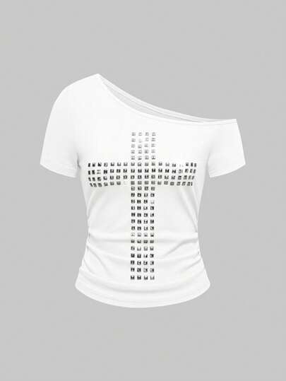 Grunge Punk قميص تي شيرت أحادي اللون مناسب للكتف مزين بالصليب والبراغي بطراز بانك وكي بوب