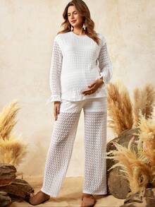 Boho Mama Maternity Two-Piece Set,Women's Boho Lace Textured Top And Pants Set,Adjustable Elastic Waistband,Holiday Birthday White Autumn Casual Matching Set - White - View 8