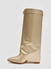 Daringsoles Giày bốt cao gót qua gối thời trang thiết kế khóa cài dành cho nữ, phù hợp để mặc hàng ngày - Vàng - Xem 9