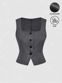 SHEIN MOD 复古灰色西装背心 - 休闲、舒适、通勤、复古美感，适合学校服装和办公室穿着 - 灰色 - 查看 1