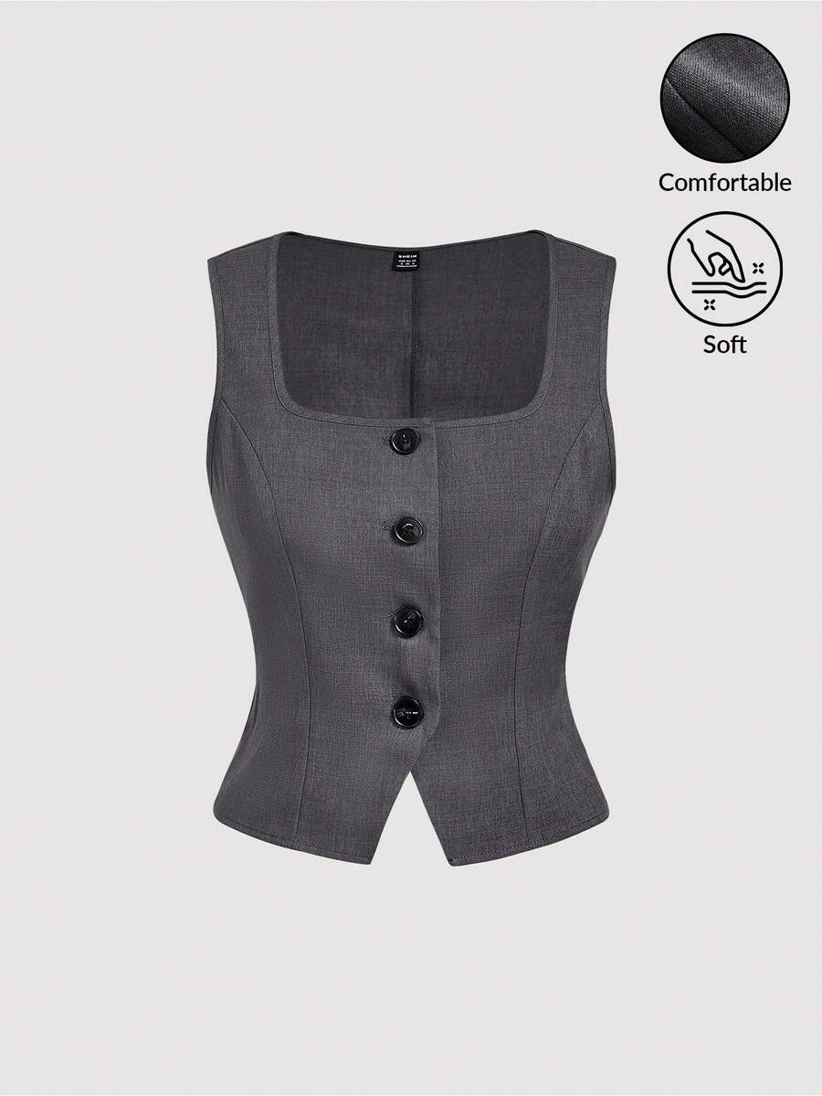 SHEIN MOD 复古灰色西装背心 - 休闲、舒适、通勤、复古美感，适合学校服装和办公室穿着 - 灰色 - 查看 1