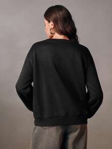 Anewsta Black Oversized Crew Neck Rivet Embellished Long Sleeve Sweatshirt, Suitable For Fall, Winter, New Year, Party, Wedding, Elegant, Chic, Stylish - Black - View 7