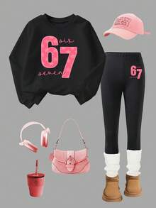 Sparklyn 2pcs/Set, Girls 67 Star & Rope Print Crew Neck Sweatshirt And Leggings Set, Long Sleeve Top, Suitable For Autumn/Winter - Black - View 6