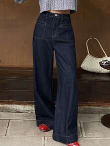 Livesso Women's Casual Loose Wide Leg Jeans - Navy Blue - View 5