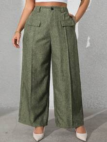 Vionelle 大码女式纯色前口袋休闲西装裤 - 軍綠色 - 查看 5