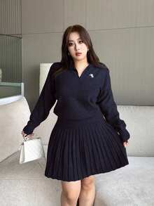 Vibekara Autumn/Winter New Plus Size Women Knitted Casual Solid Color Embroidery Lapel Simple Long Sleeve Sweater Top & Skirt Suit, Versatile 2 Piece Skirt Sets Woman Navy Blue Outfit Women Pleated Skirt Set Tennis Skirt Set Plus Sweater Sets For Women - Royal Blue - View 3