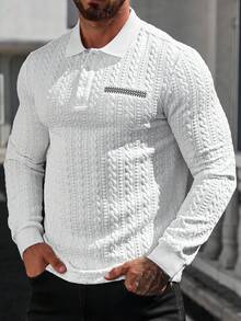 Manfinity Homme 男士格子印花麻花休闲长袖 Polo 衫 男士白色系带衬衫 男士白色长袖 Polo 衫 - 白色 - 查看 4