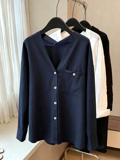 Franclia 女士标准尺码纯色简约长袖衬衫，日常穿着