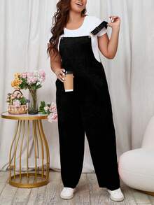 SHEIN PETITE CURVE Bộ đồ liền thân nhung kẻ đen thường ngày cỡ lớn dành cho nữ - màu đen - Xem 6