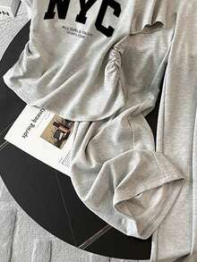 Resyla Women's Simple Printed Crew Neck Short Sleeve Top And Solid Color Pants 2-Piece Set - Grey - View 4