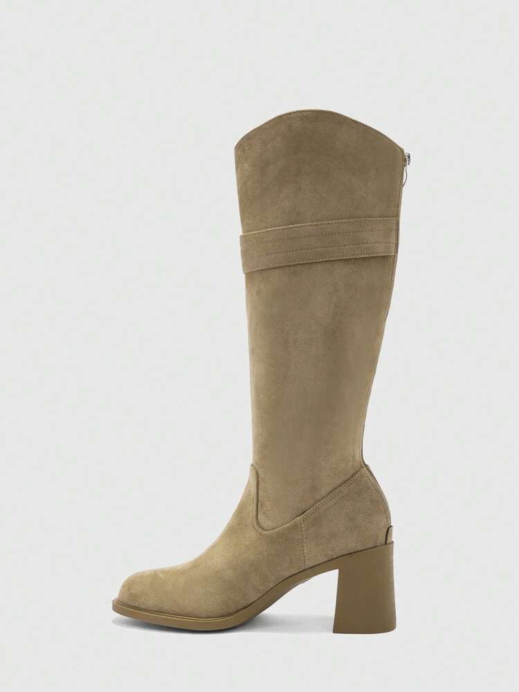 CUCCOO BIZCHIC 女性用ファッションニーハイブーツ、スクエアトゥ チャンキーヒール デザイン、無地カーキ色、バックジッパー マルチストラップ デザイン、スカート、ジーンズ、コートなどに合わせやすい、秋冬、ファッションショー、通勤に適したスタイリッシュな長ブーツ