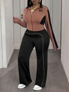 Slaydiva Plus Size Women Casual Minimalist Basic Sports Long Sleeve Zip-Up Contrast Color Fitted Top And Pants 2 Pieces Set With Numeric Logo - Brown - View 5
