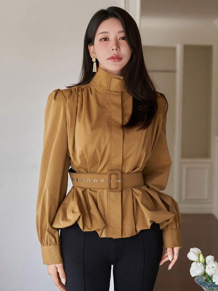 Women's Elegant Solid Color Stand Collar Pleated Waist Belt Shirt, Autumn Long Sleeve