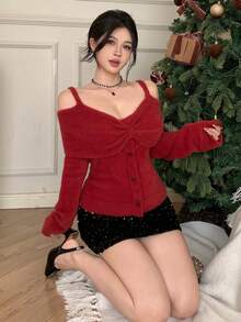 DAZY 女士优雅纯色露肩蝴蝶结针织毛衣，秋冬圣诞款 - 酒紅色 - 查看 6